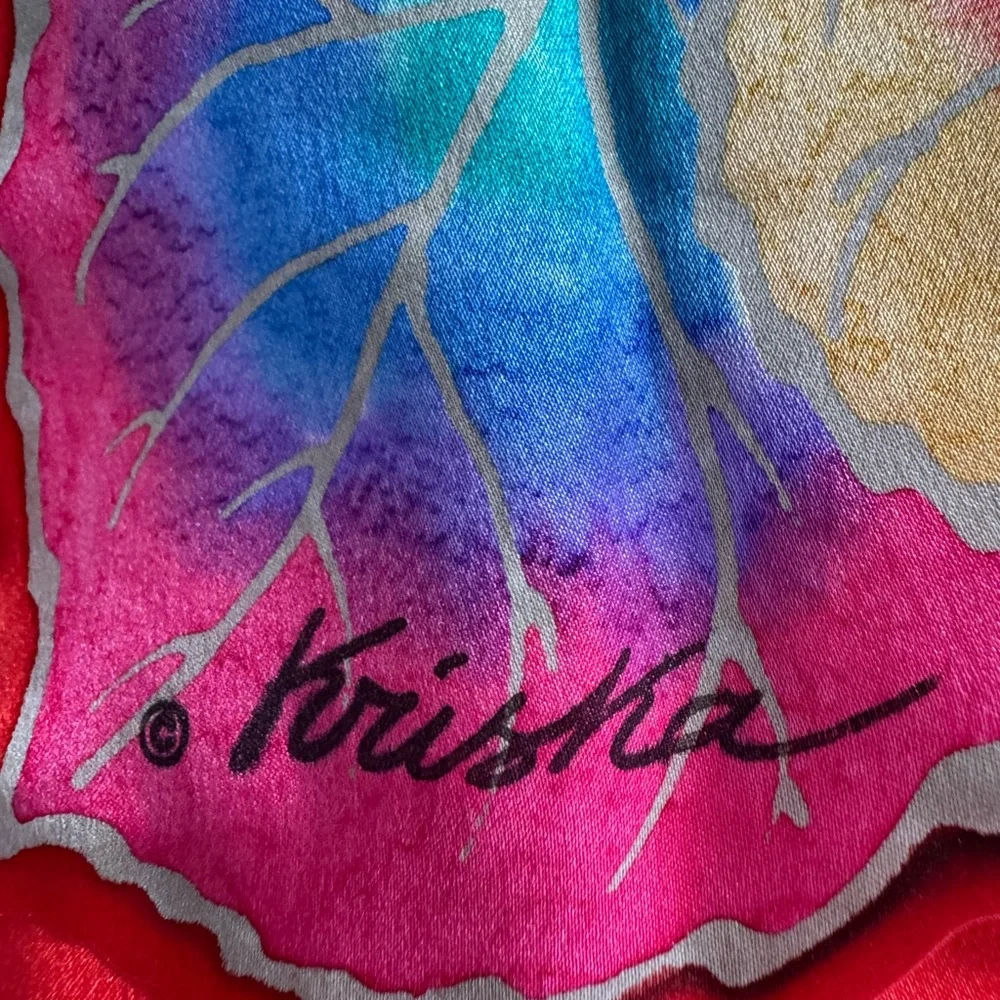 Kriska hand painted silk scarf. Red with multicolored leaves and cutouts. NWOT